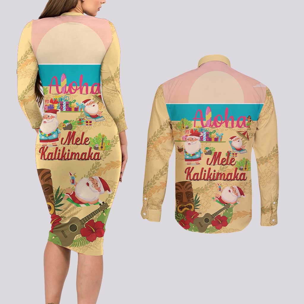 Aloha Hawaii Mele Kalikimaka Couples Matching Long Sleeve Bodycon Dress and Long Sleeve Button Shirt Beachy Funny Santa Hawaiian Lei LT14 - Polynesian Pride