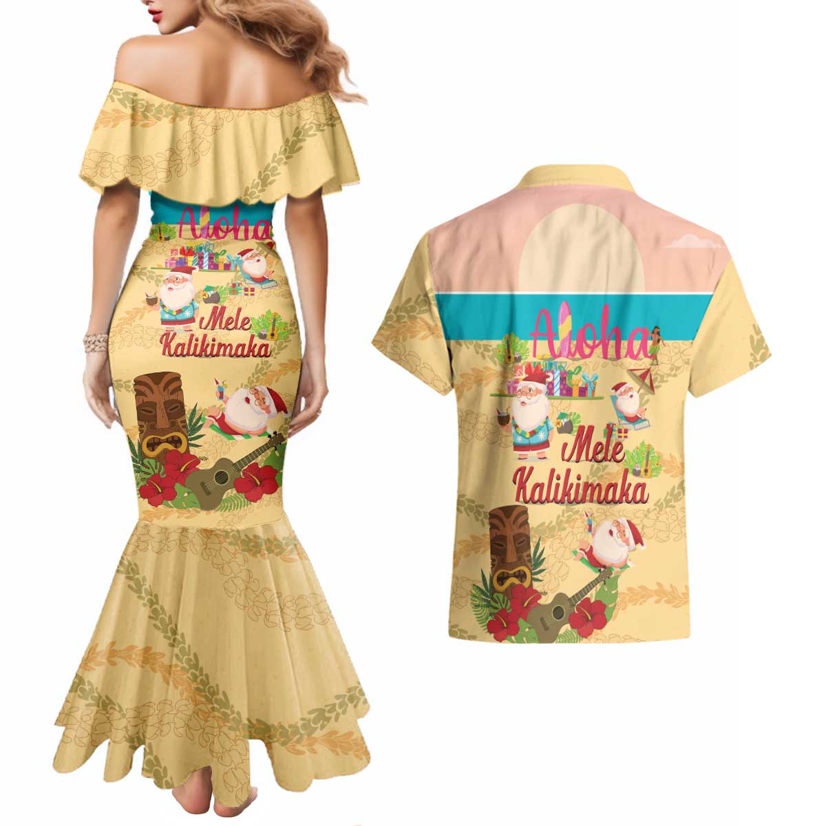 Aloha Hawaii Mele Kalikimaka Couples Matching Mermaid Dress and Hawaiian Shirt Beachy Funny Santa Hawaiian Lei LT14 - Polynesian Pride