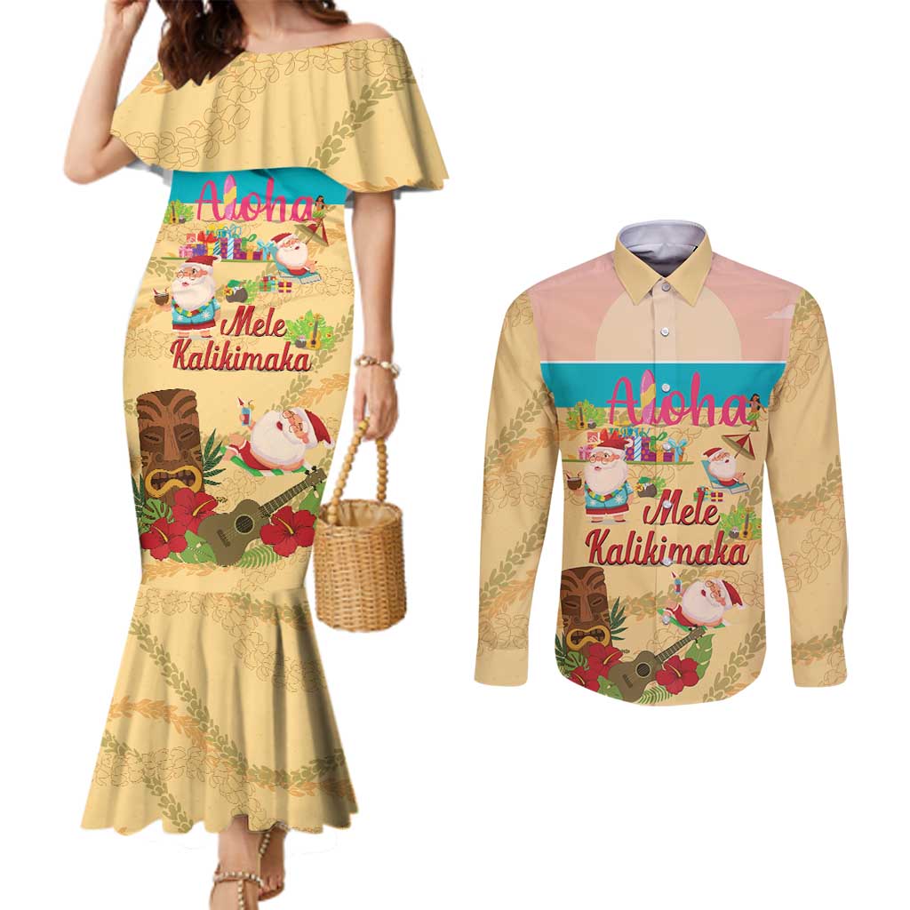 Aloha Hawaii Mele Kalikimaka Couples Matching Mermaid Dress and Long Sleeve Button Shirt Beachy Funny Santa Hawaiian Lei LT14 Yellow - Polynesian Pride