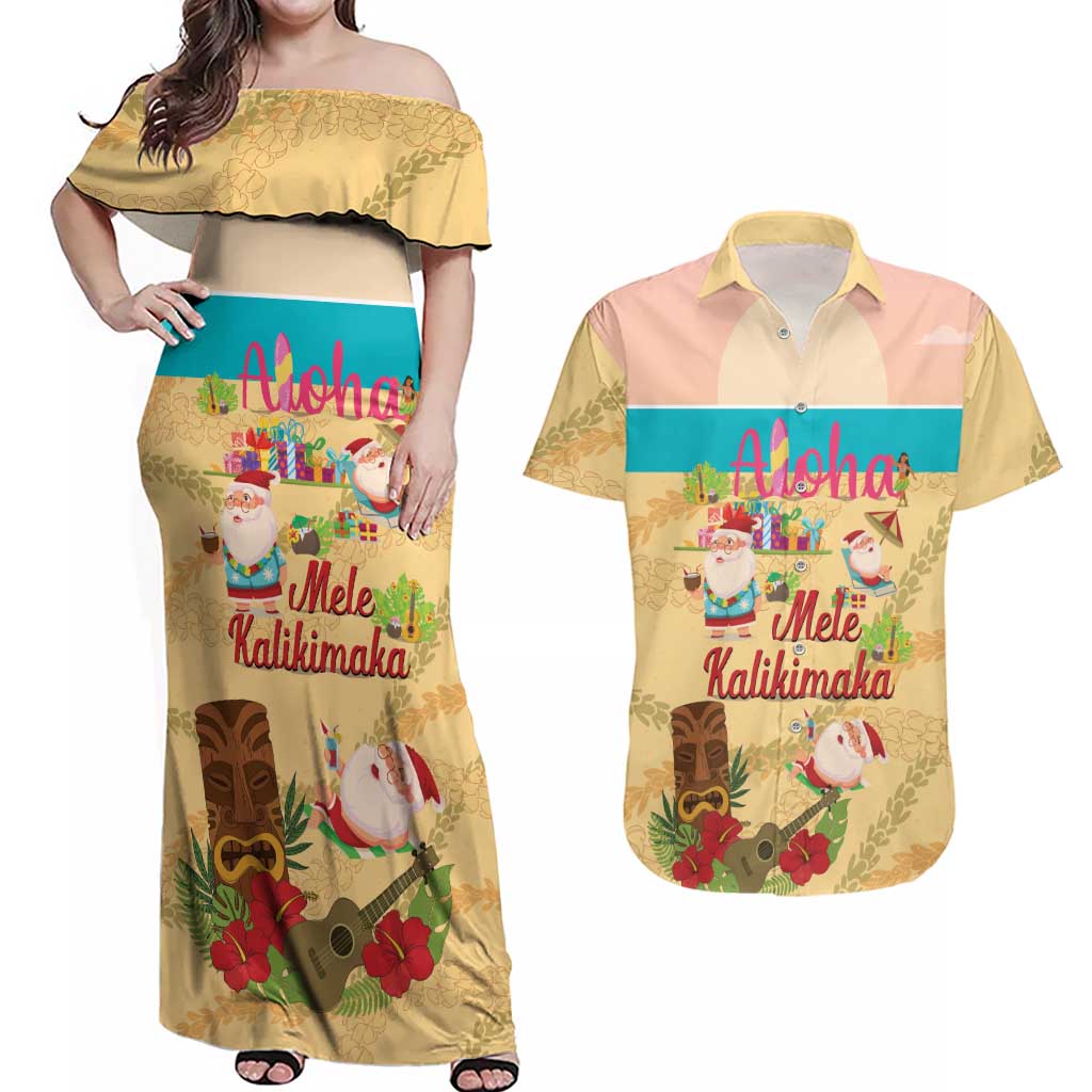 Aloha Hawaii Mele Kalikimaka Couples Matching Off Shoulder Maxi Dress and Hawaiian Shirt Beachy Funny Santa Hawaiian Lei LT14 Yellow - Polynesian Pride