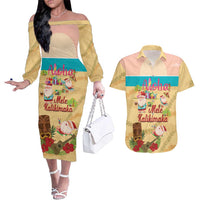 Aloha Hawaii Mele Kalikimaka Couples Matching Off The Shoulder Long Sleeve Dress and Hawaiian Shirt Beachy Funny Santa Hawaiian Lei LT14 Yellow - Polynesian Pride