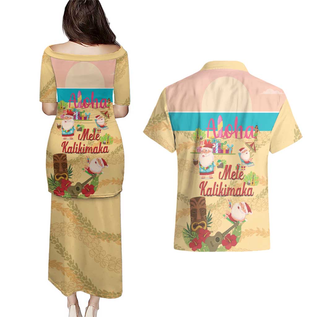 Aloha Hawaii Mele Kalikimaka Couples Matching Puletasi and Hawaiian Shirt Beachy Funny Santa Hawaiian Lei - Polynesian Pride