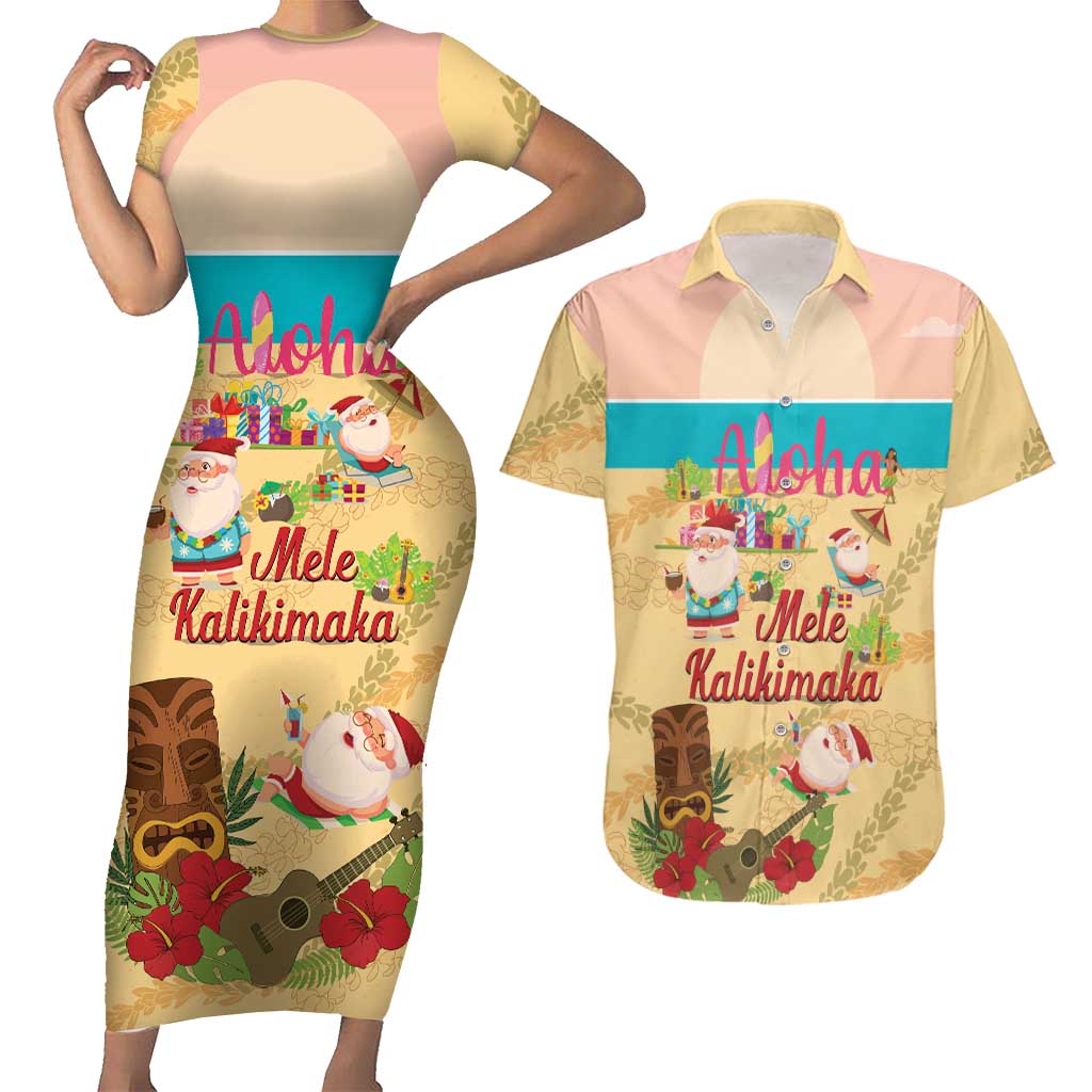 Aloha Hawaii Mele Kalikimaka Couples Matching Short Sleeve Bodycon Dress and Hawaiian Shirt Beachy Funny Santa Hawaiian Lei LT14 Yellow - Polynesian Pride