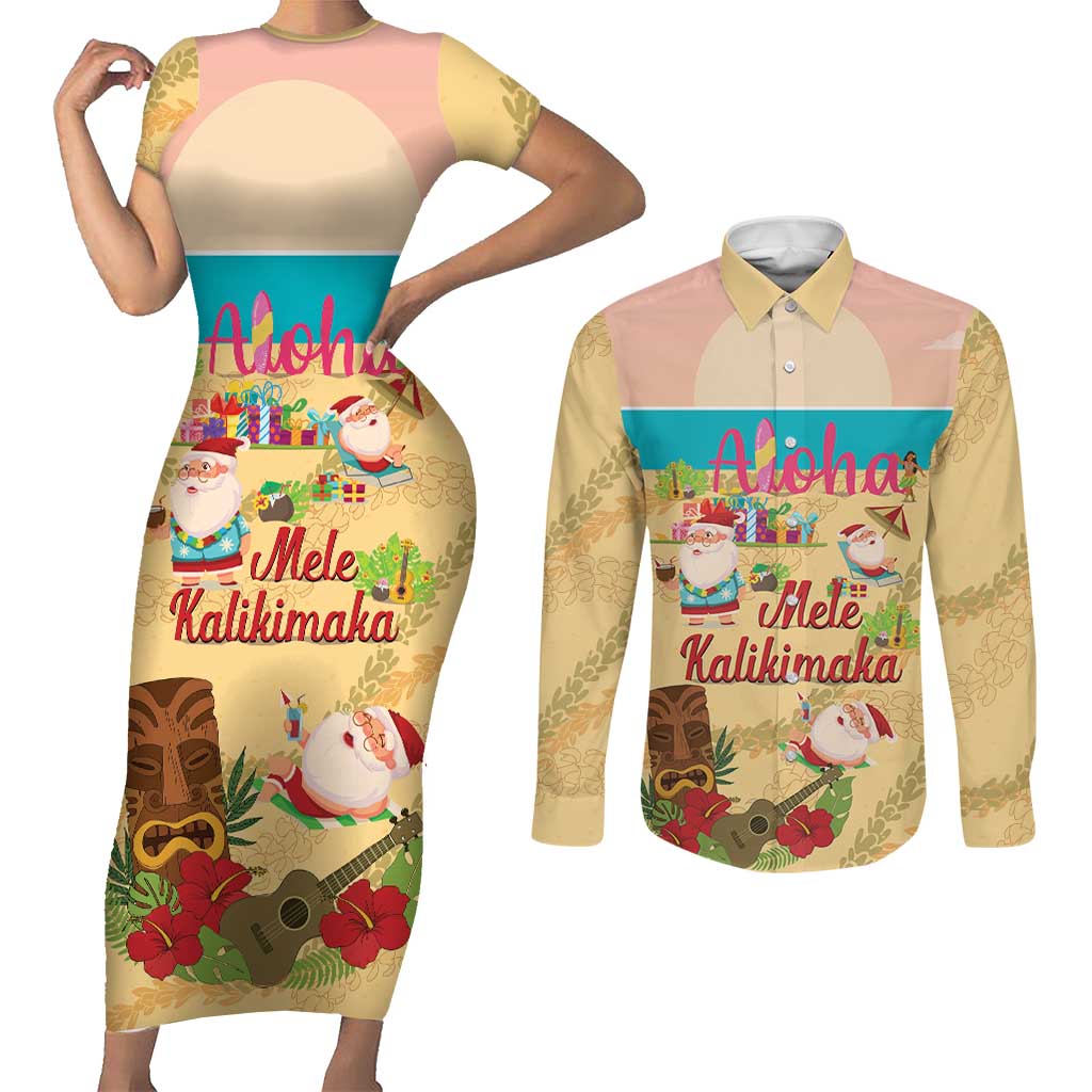 Aloha Hawaii Mele Kalikimaka Couples Matching Short Sleeve Bodycon Dress and Long Sleeve Button Shirt Beachy Funny Santa Hawaiian Lei LT14 Yellow - Polynesian Pride