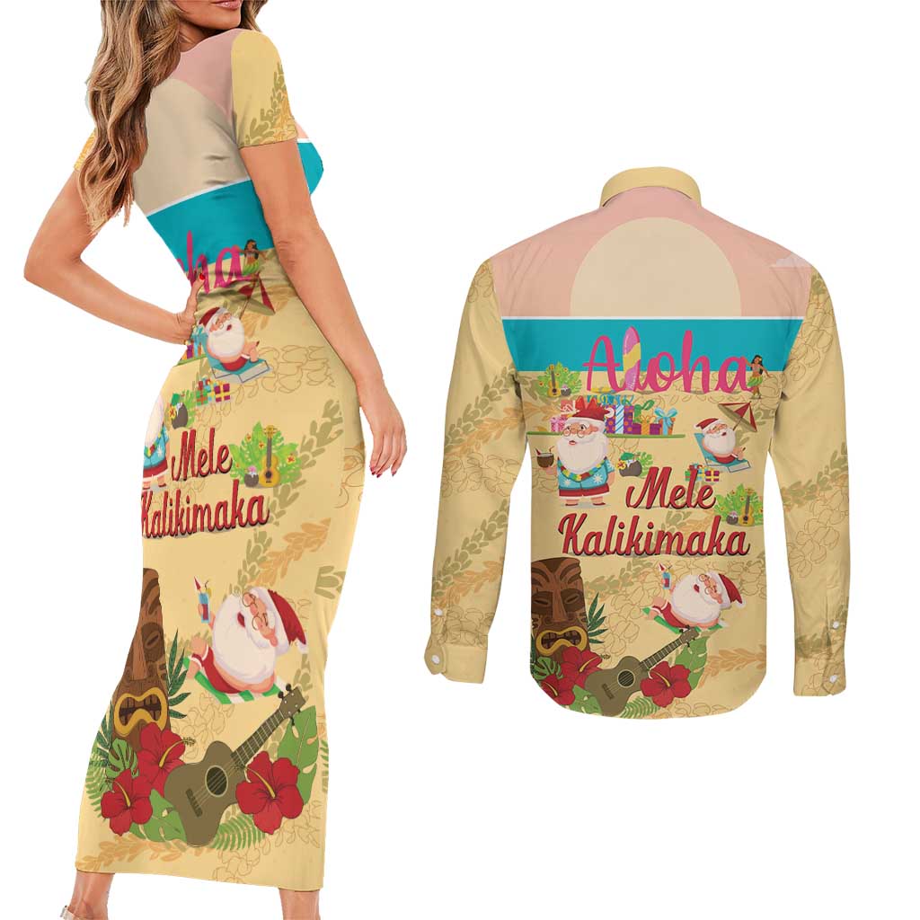 Aloha Hawaii Mele Kalikimaka Couples Matching Short Sleeve Bodycon Dress and Long Sleeve Button Shirt Beachy Funny Santa Hawaiian Lei LT14 - Polynesian Pride