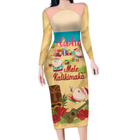 Aloha Hawaii Mele Kalikimaka Family Matching Long Sleeve Bodycon Dress and Hawaiian Shirt Beachy Funny Santa Hawaiian Lei LT14 Yellow - Polynesian Pride