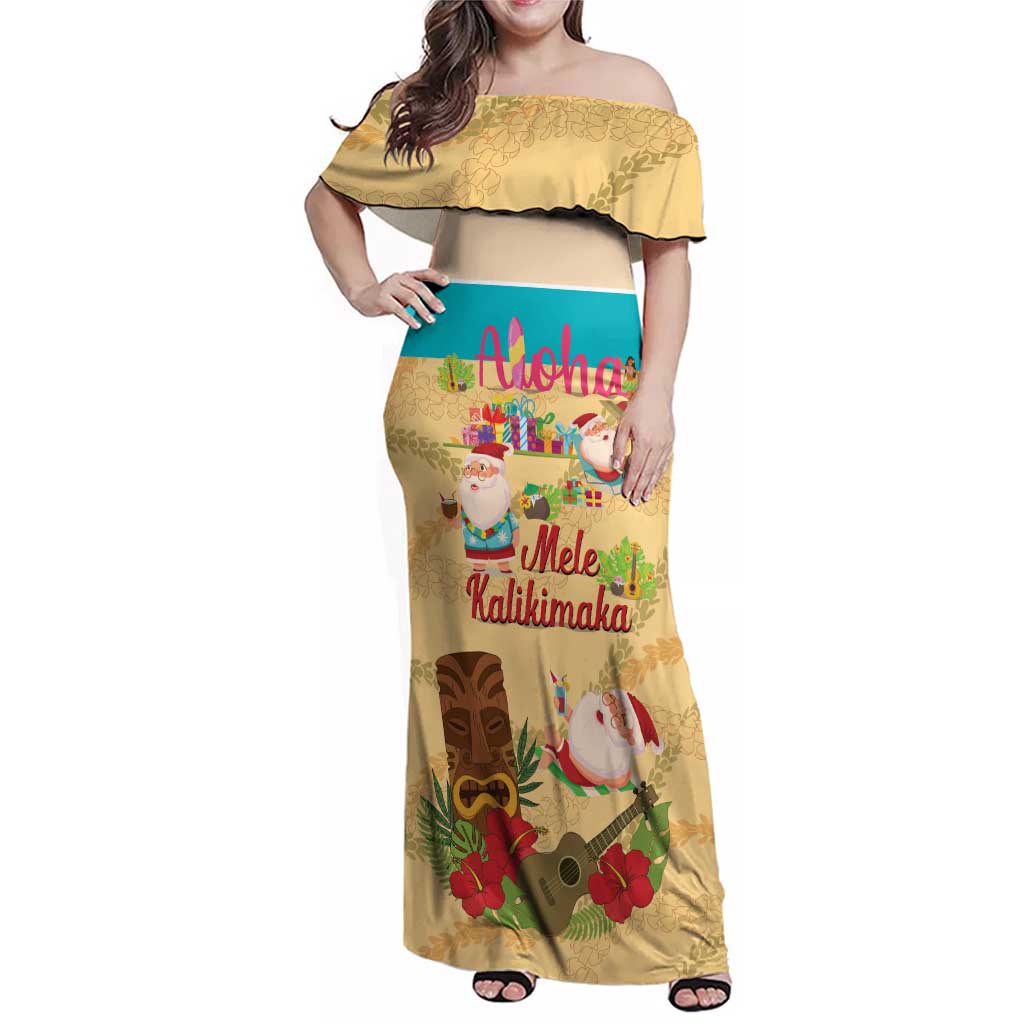 Aloha Hawaii Mele Kalikimaka Family Matching Off Shoulder Maxi Dress and Hawaiian Shirt Beachy Funny Santa Hawaiian Lei LT14 Yellow - Polynesian Pride