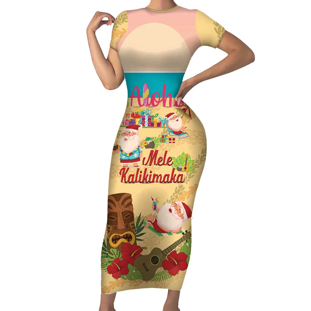 Aloha Hawaii Mele Kalikimaka Family Matching Short Sleeve Bodycon Dress and Hawaiian Shirt Beachy Funny Santa Hawaiian Lei LT14 Yellow - Polynesian Pride