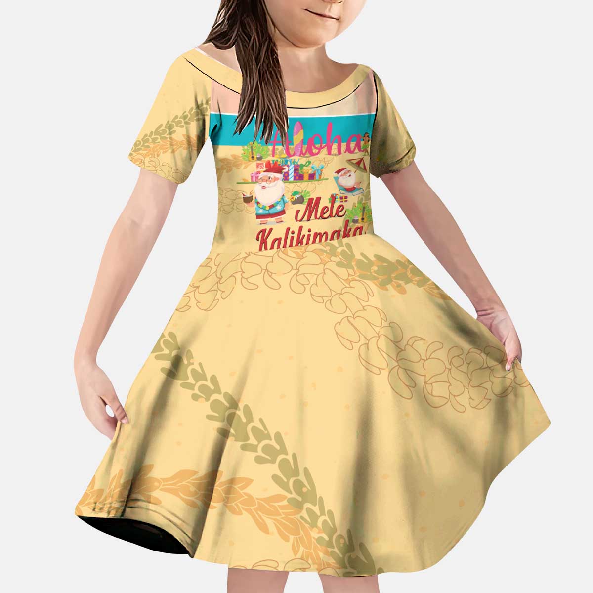 Aloha Hawaii Mele Kalikimaka Kid Short Sleeve Dress Beachy Funny Santa Hawaiian Lei - Polynesian Pride
