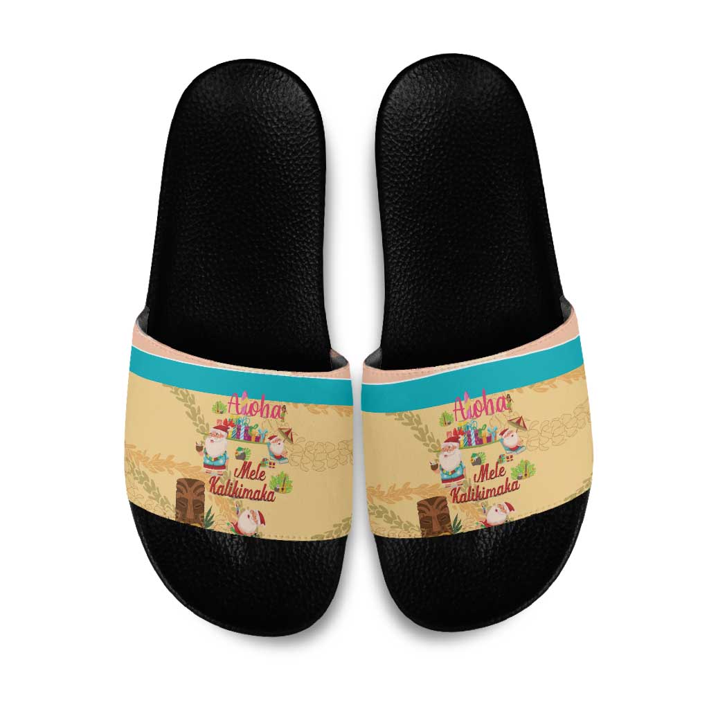 Aloha Hawaii Mele Kalikimaka Slide Sandals Beachy Funny Santa Hawaiian Lei - Polynesian Pride