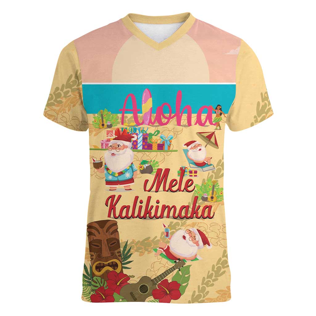 Aloha Hawaii Mele Kalikimaka Women V-Neck T-Shirt Beachy Funny Santa Hawaiian Lei - Polynesian Pride