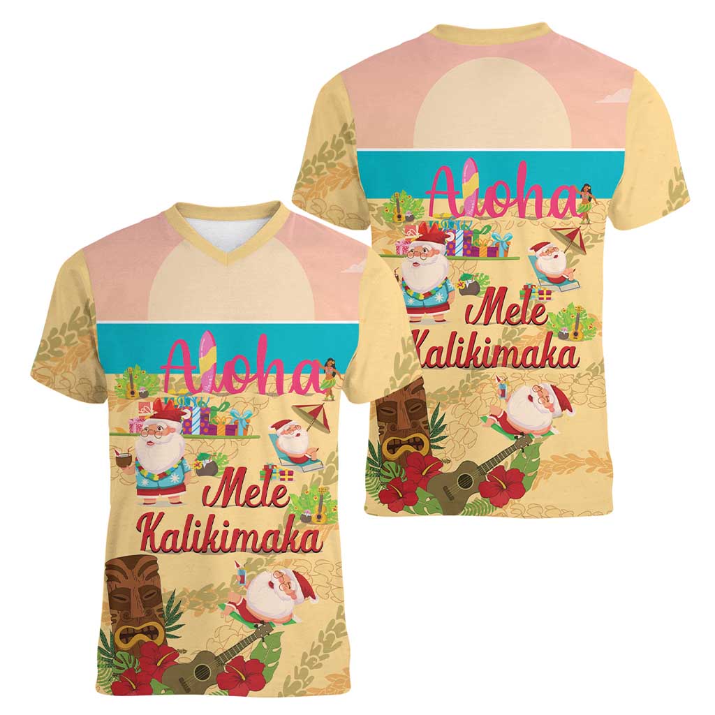 Aloha Hawaii Mele Kalikimaka Women V-Neck T-Shirt Beachy Funny Santa Hawaiian Lei - Polynesian Pride