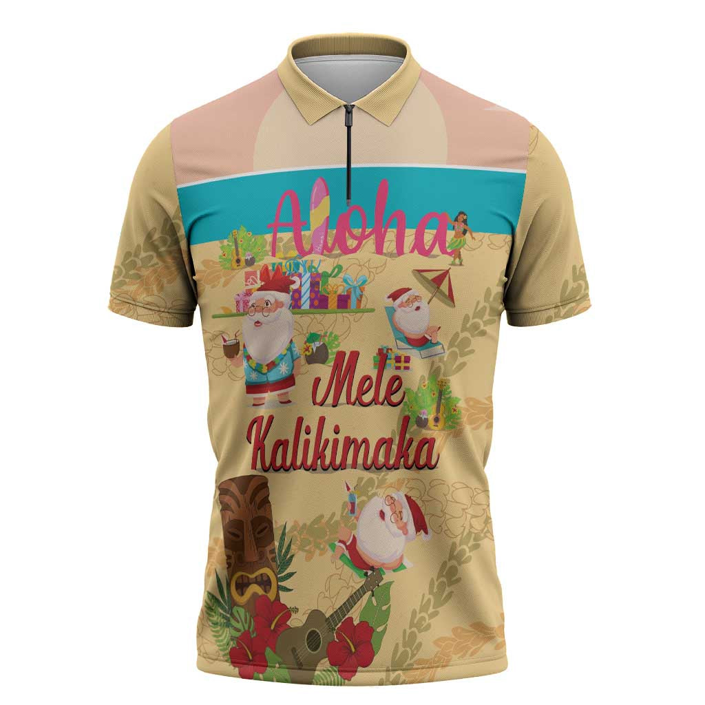 Aloha Hawaii Mele Kalikimaka Zipper Polo Shirt Beachy Funny Santa Hawaiian Lei - Polynesian Pride