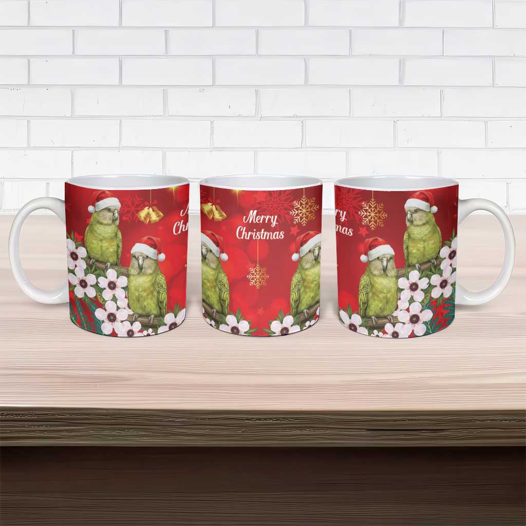 New Zealand Kakapo Christmas Ceramic Mug Owl Parrot Santa Sliver Fern Manuka - Red - Polynesian Pride