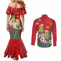 New Zealand Kakapo Christmas Couples Matching Mermaid Dress and Long Sleeve Button Shirt Owl Parrot Santa Sliver Fern Manuka - Red - Polynesian Pride