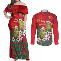 New Zealand Kakapo Christmas Couples Matching Off Shoulder Maxi Dress and Long Sleeve Button Shirt Owl Parrot Santa Sliver Fern Manuka - Red - Polynesian Pride