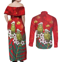 New Zealand Kakapo Christmas Couples Matching Off Shoulder Maxi Dress and Long Sleeve Button Shirt Owl Parrot Santa Sliver Fern Manuka - Red - Polynesian Pride