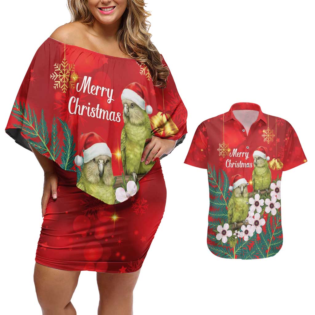 New Zealand Kakapo Christmas Couples Matching Off Shoulder Short Dress and Hawaiian Shirt Owl Parrot Santa Sliver Fern Manuka - Red - Polynesian Pride