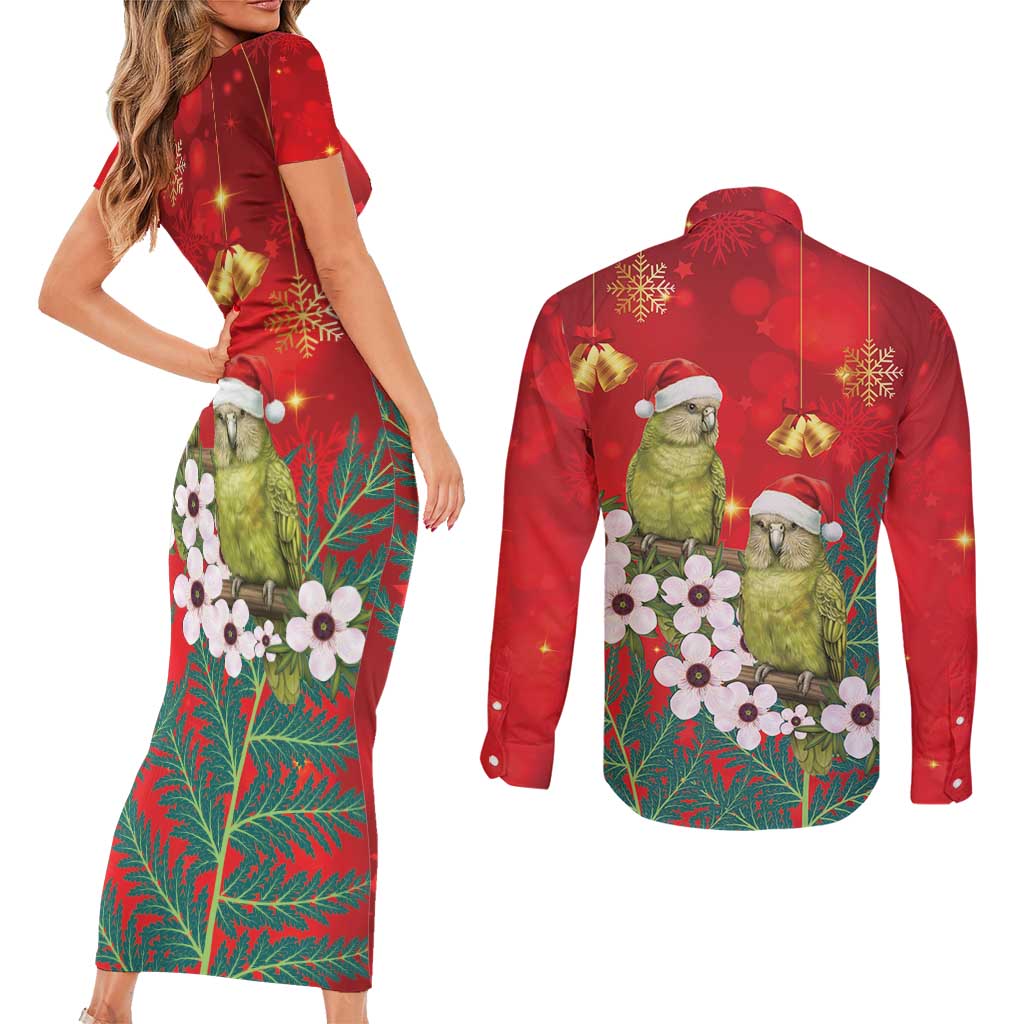 New Zealand Kakapo Christmas Couples Matching Short Sleeve Bodycon Dress and Long Sleeve Button Shirt Owl Parrot Santa Sliver Fern Manuka - Red - Polynesian Pride