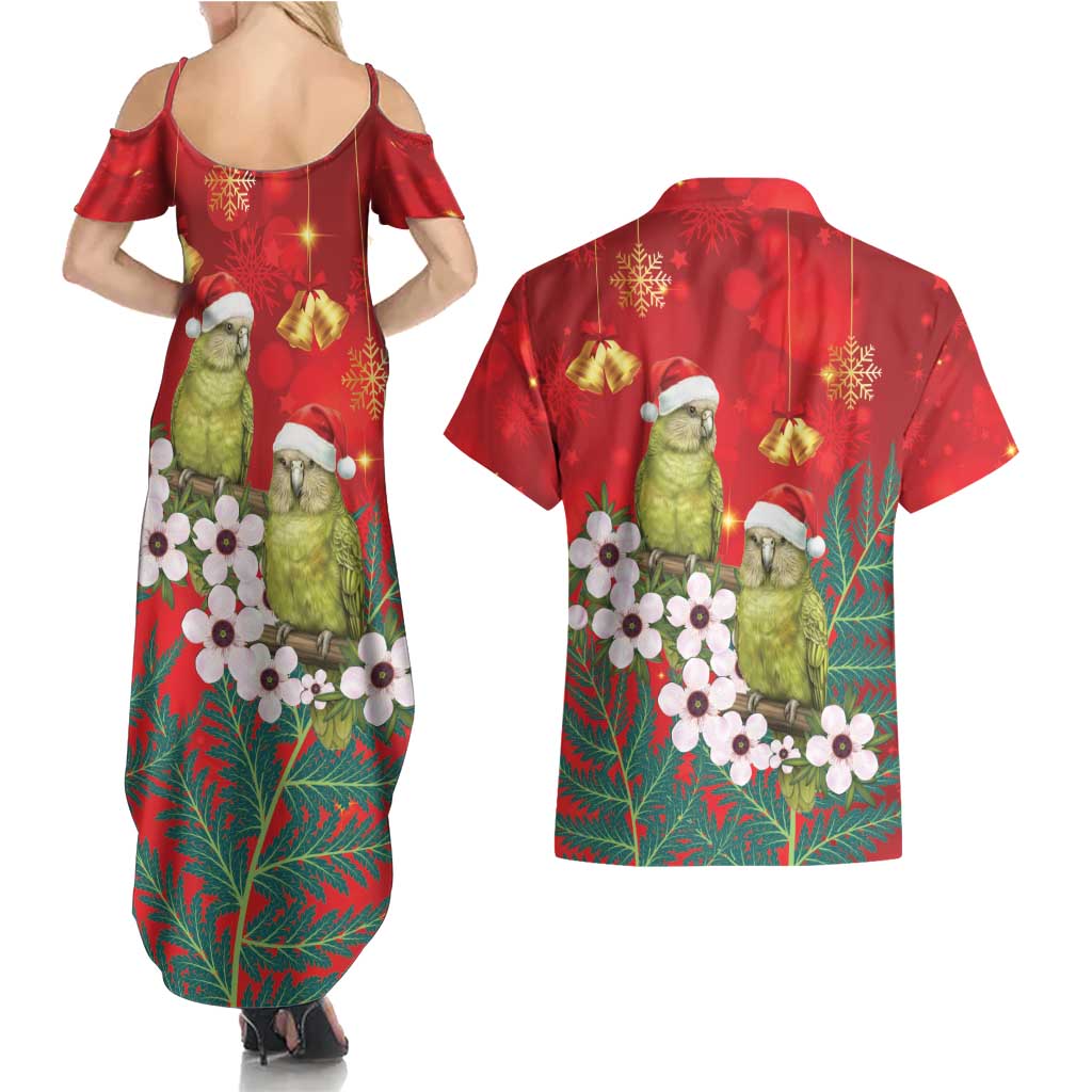 New Zealand Kakapo Christmas Couples Matching Summer Maxi Dress and Hawaiian Shirt Owl Parrot Santa Sliver Fern Manuka - Red - Polynesian Pride