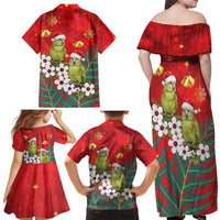 New Zealand Kakapo Christmas Family Matching Off Shoulder Maxi Dress and Hawaiian Shirt Owl Parrot Santa Sliver Fern Manuka - Red - Polynesian Pride