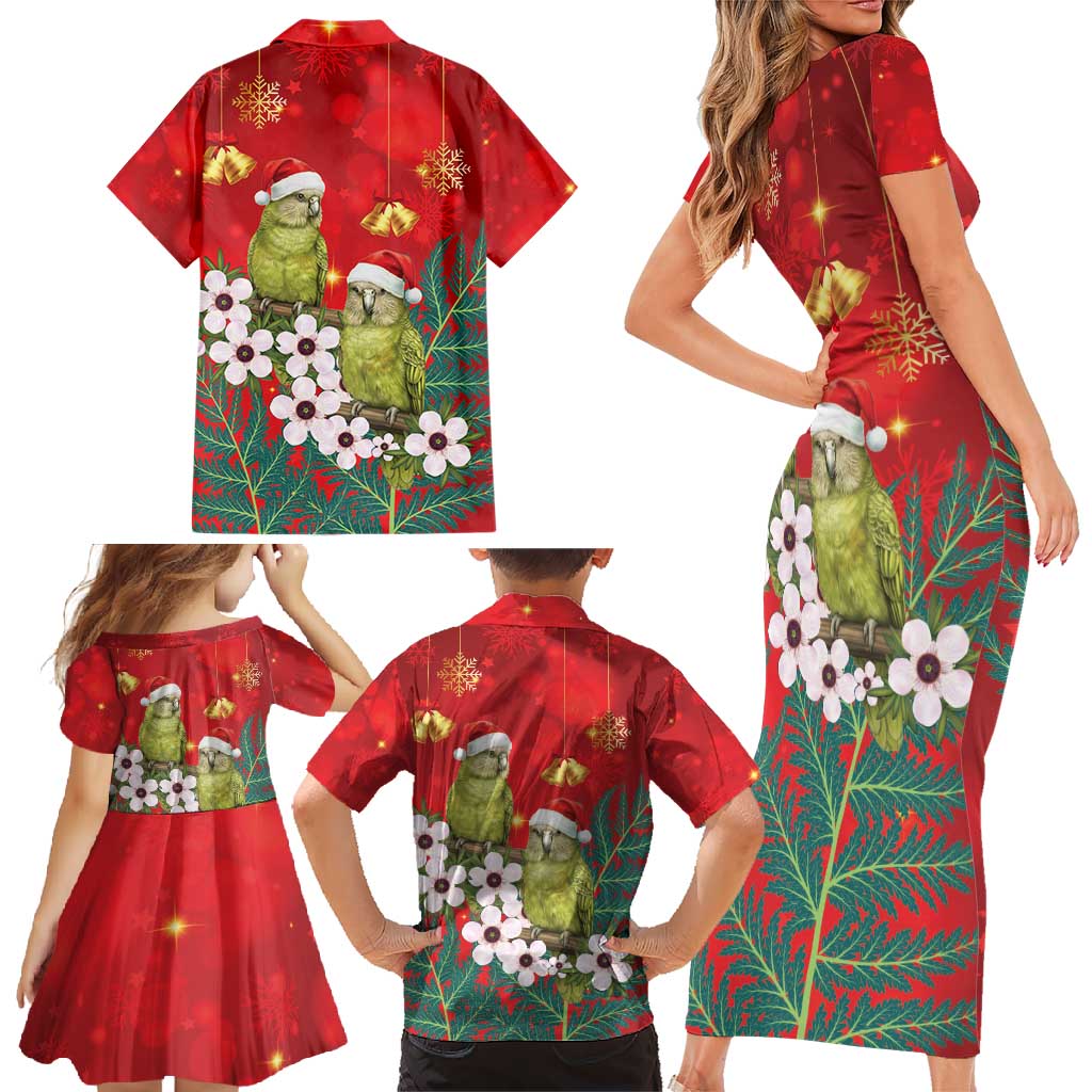 New Zealand Kakapo Christmas Family Matching Short Sleeve Bodycon Dress and Hawaiian Shirt Owl Parrot Santa Sliver Fern Manuka - Red - Polynesian Pride