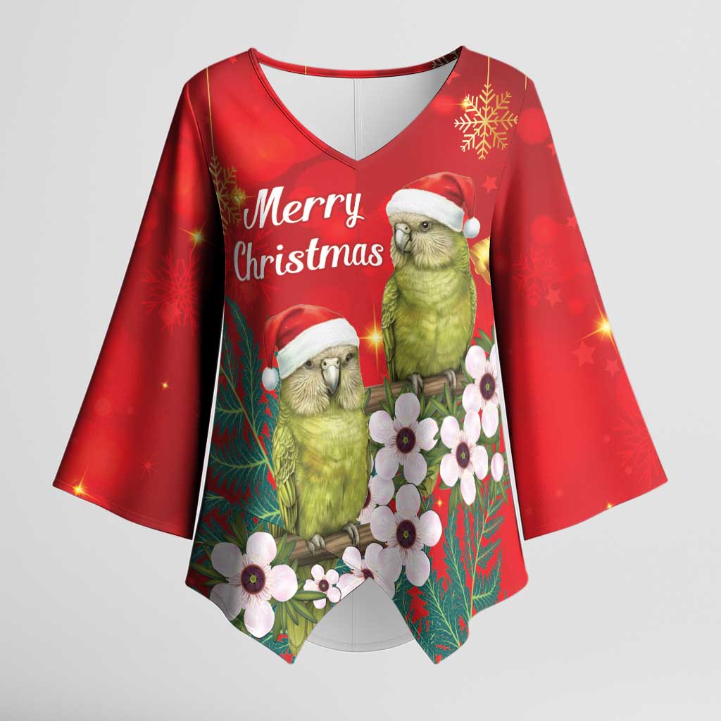 New Zealand Kakapo Christmas Kimono Sleeve Blouse Owl Parrot Santa Sliver Fern Manuka - Red - Polynesian Pride