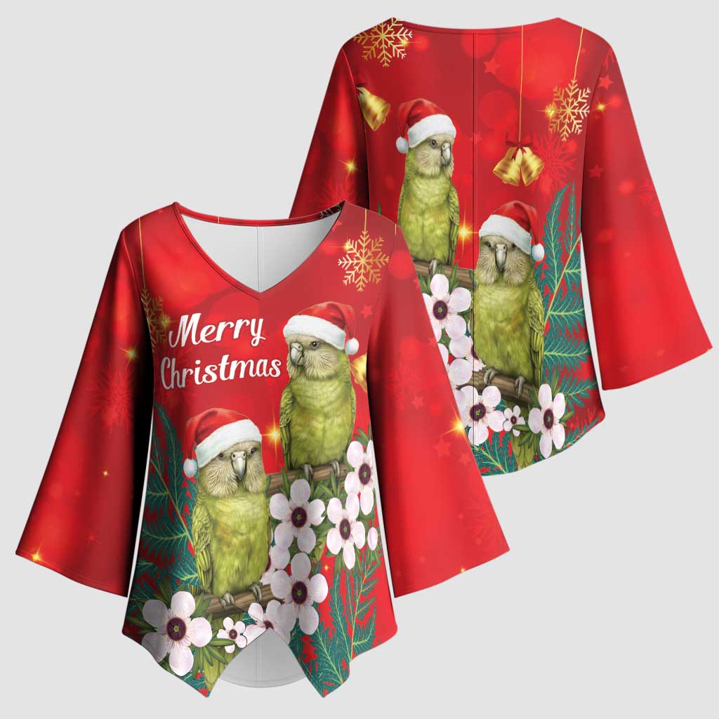 New Zealand Kakapo Christmas Kimono Sleeve Blouse Owl Parrot Santa Sliver Fern Manuka - Red - Polynesian Pride
