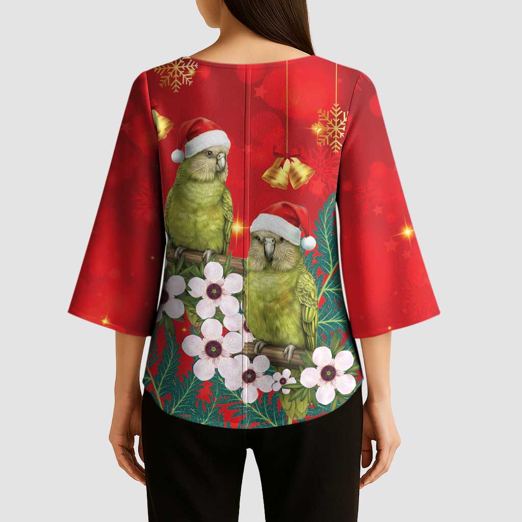 New Zealand Kakapo Christmas Kimono Sleeve Blouse Owl Parrot Santa Sliver Fern Manuka - Red - Polynesian Pride
