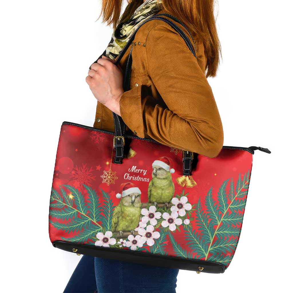 New Zealand Kakapo Christmas Leather Tote Bag Owl Parrot Santa Sliver Fern Manuka - Red - Polynesian Pride