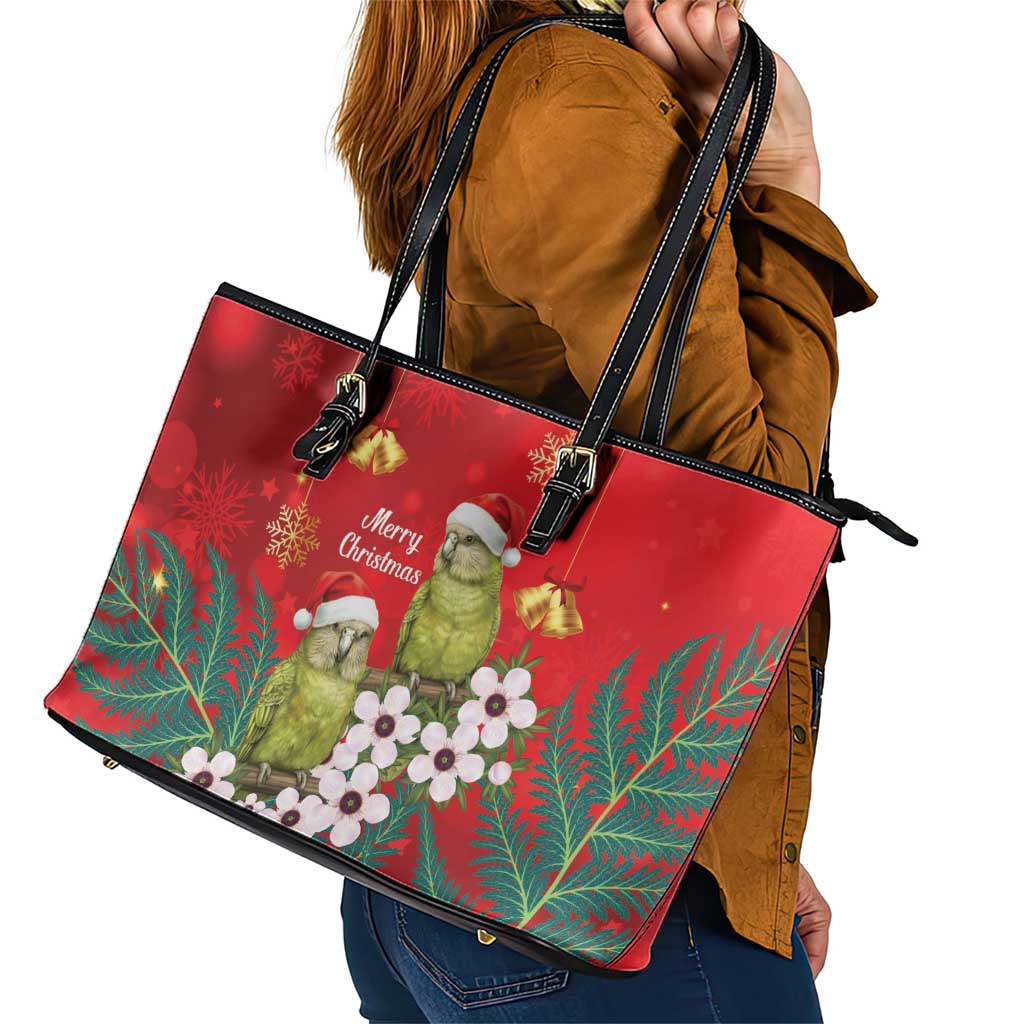 New Zealand Kakapo Christmas Leather Tote Bag Owl Parrot Santa Sliver Fern Manuka - Red - Polynesian Pride