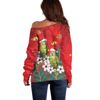 New Zealand Kakapo Christmas Off Shoulder Sweater Owl Parrot Santa Sliver Fern Manuka - Red - Polynesian Pride