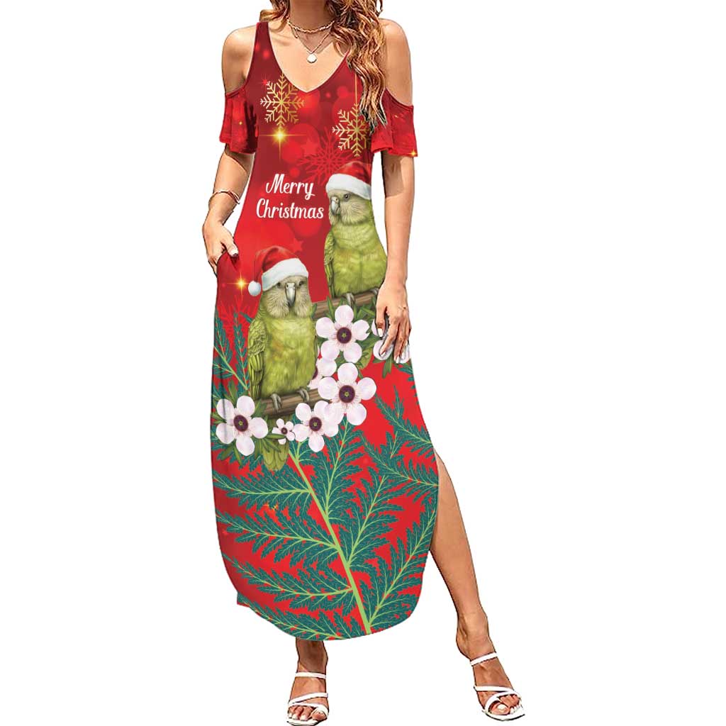 New Zealand Kakapo Christmas Summer Maxi Dress Owl Parrot Santa Sliver Fern Manuka - Red - Polynesian Pride