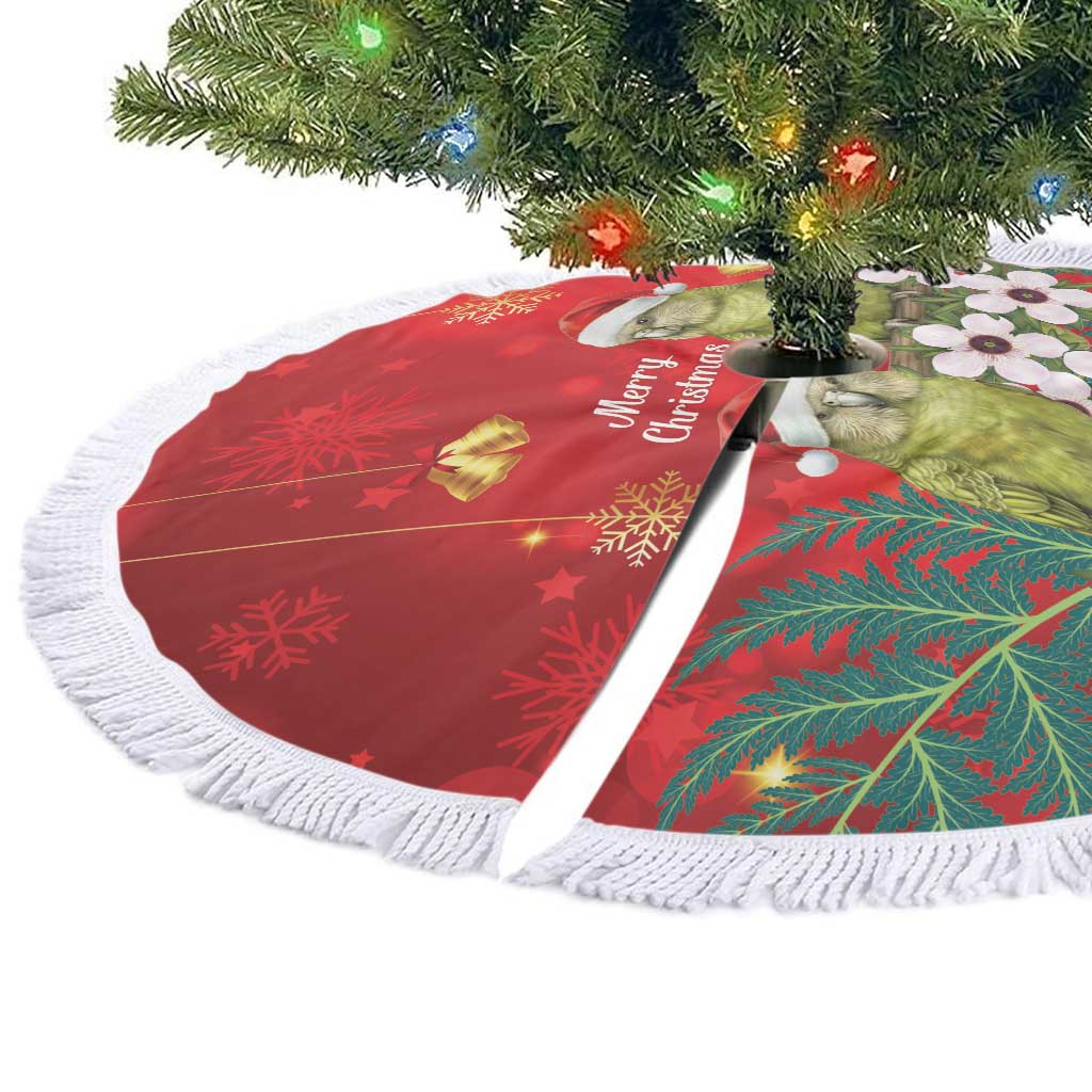 New Zealand Kakapo Christmas Tree Skirt Owl Parrot Santa Sliver Fern Manuka - Red - Polynesian Pride