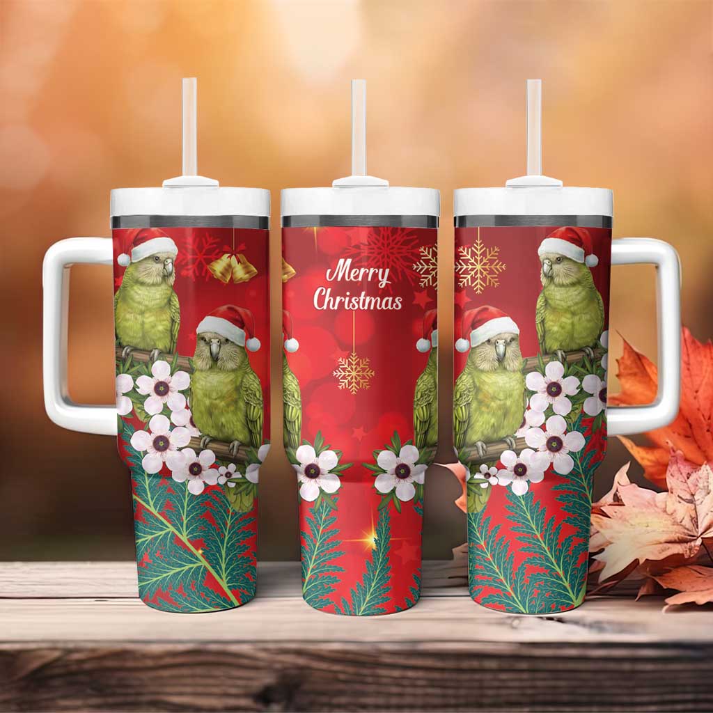 New Zealand Kakapo Christmas Tumbler With Handle Owl Parrot Santa Sliver Fern Manuka - Red - Polynesian Pride
