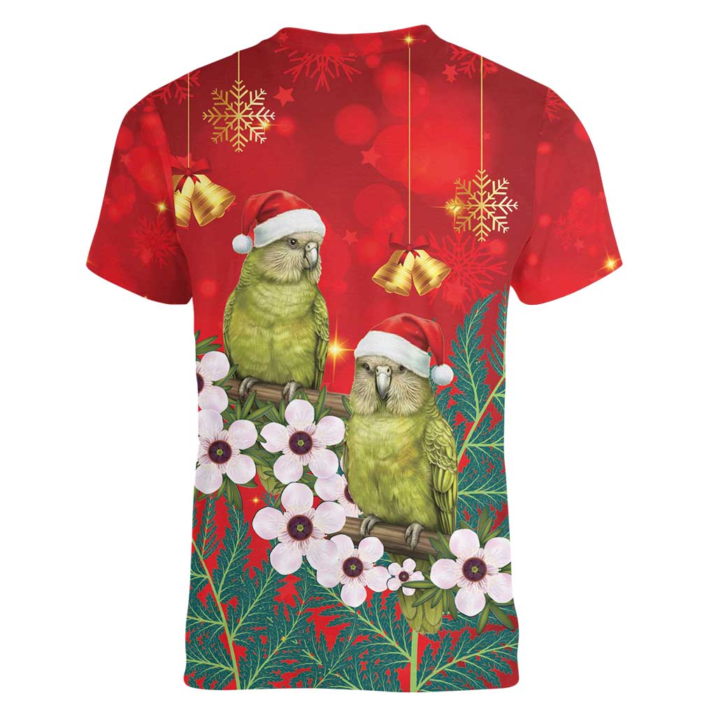 New Zealand Kakapo Christmas Women V-Neck T-Shirt Owl Parrot Santa Sliver Fern Manuka - Red - Polynesian Pride