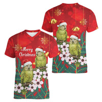 New Zealand Kakapo Christmas Women V-Neck T-Shirt Owl Parrot Santa Sliver Fern Manuka - Red - Polynesian Pride