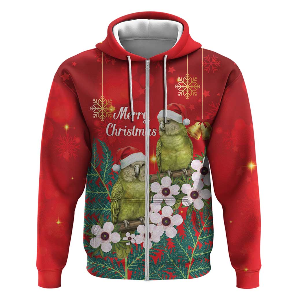 New Zealand Kakapo Christmas Zip Hoodie Owl Parrot Santa Sliver Fern Manuka - Red - Polynesian Pride