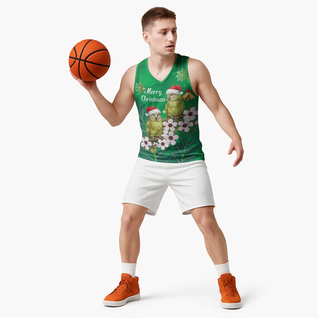New Zealand Kakapo Christmas Basketball Jersey Owl Parrot Santa Sliver Fern Manuka - Green - Polynesian Pride