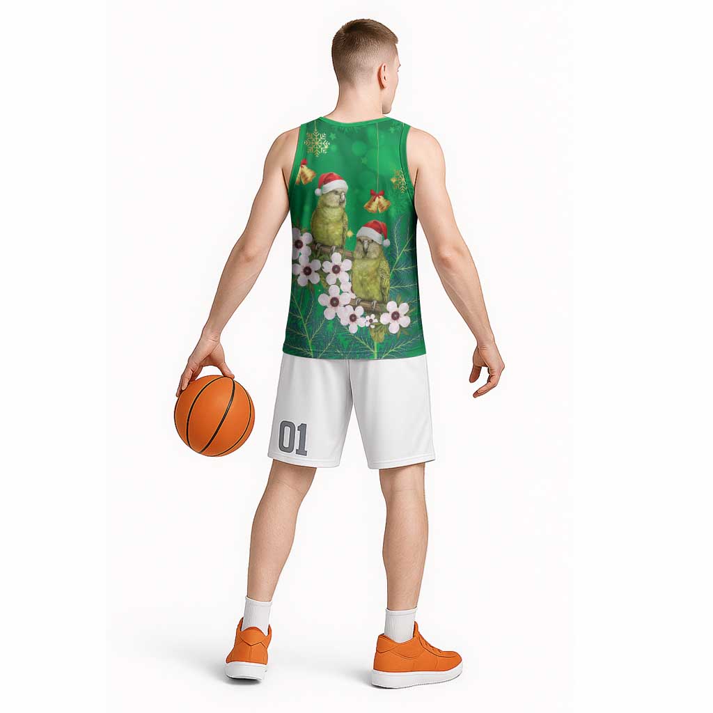 New Zealand Kakapo Christmas Basketball Jersey Owl Parrot Santa Sliver Fern Manuka - Green - Polynesian Pride