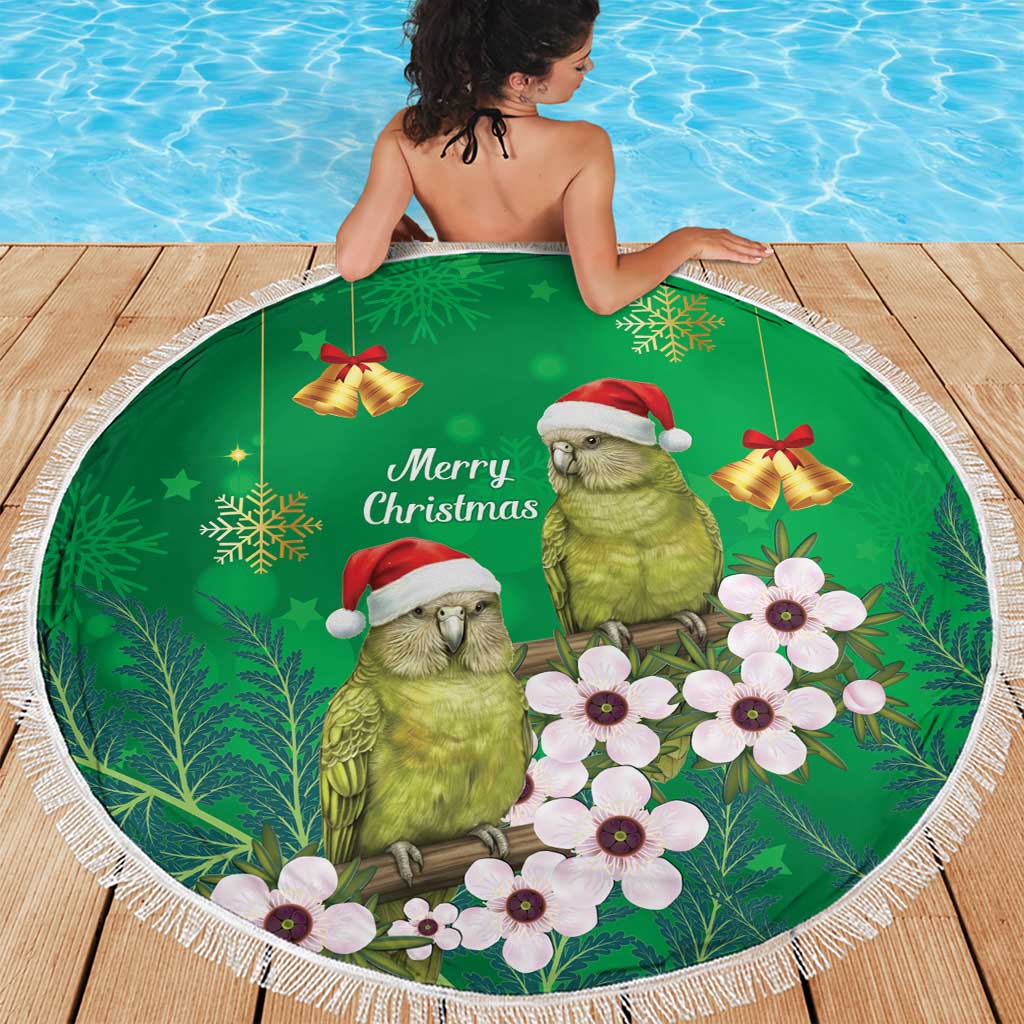 New Zealand Kakapo Christmas Beach Blanket Owl Parrot Santa Sliver Fern Manuka - Green - Polynesian Pride