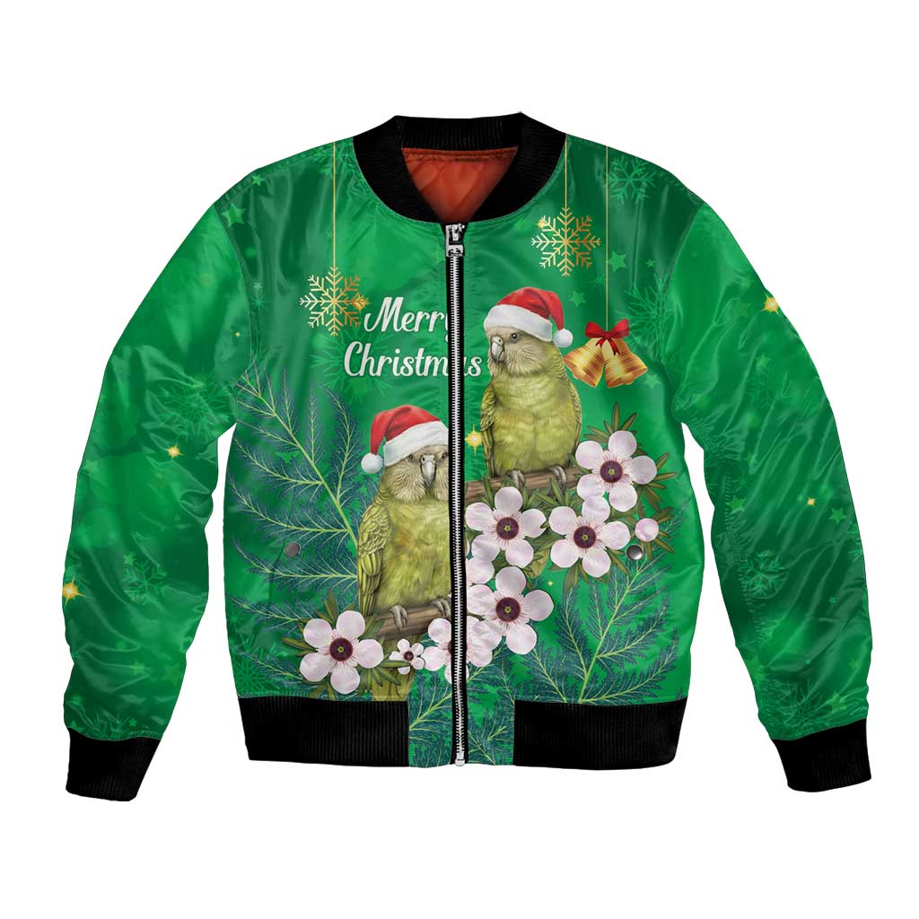 New Zealand Kakapo Christmas Bomber Jacket Owl Parrot Santa Sliver Fern Manuka - Green - Polynesian Pride