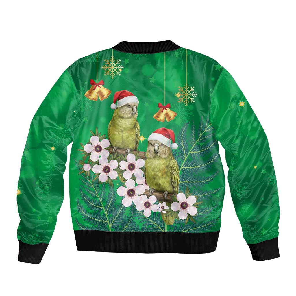 New Zealand Kakapo Christmas Bomber Jacket Owl Parrot Santa Sliver Fern Manuka - Green - Polynesian Pride