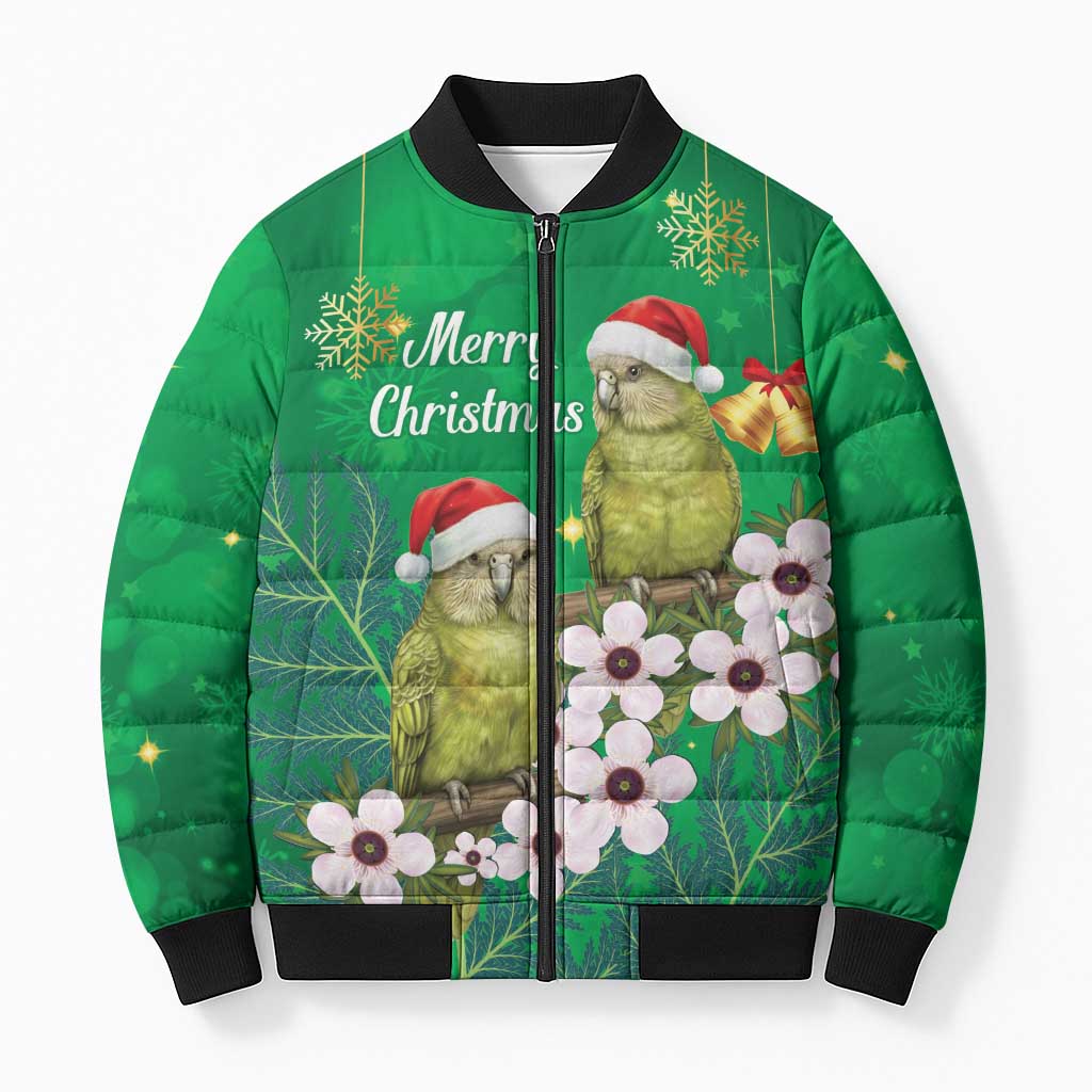 New Zealand Kakapo Christmas Bomber Puffer Jacket Owl Parrot Santa Sliver Fern Manuka - Green - Polynesian Pride