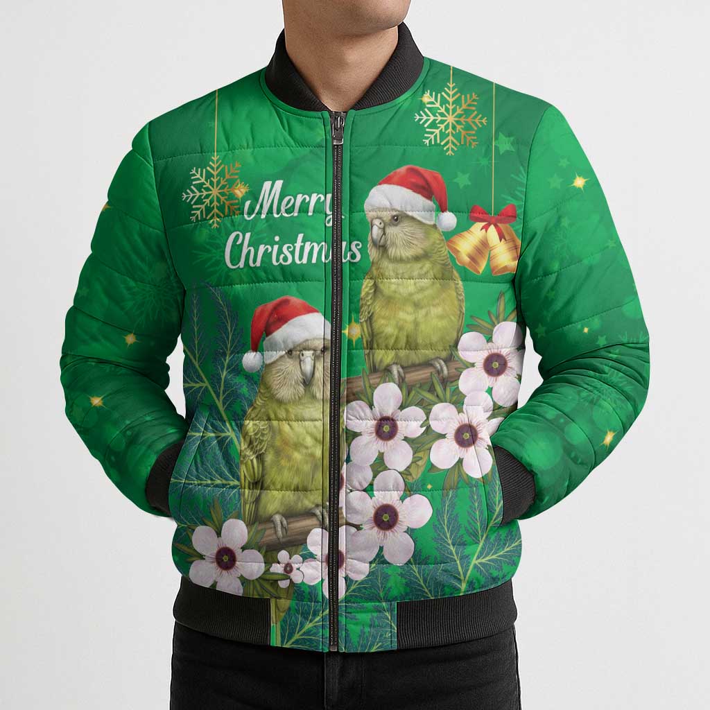 New Zealand Kakapo Christmas Bomber Puffer Jacket Owl Parrot Santa Sliver Fern Manuka - Green - Polynesian Pride