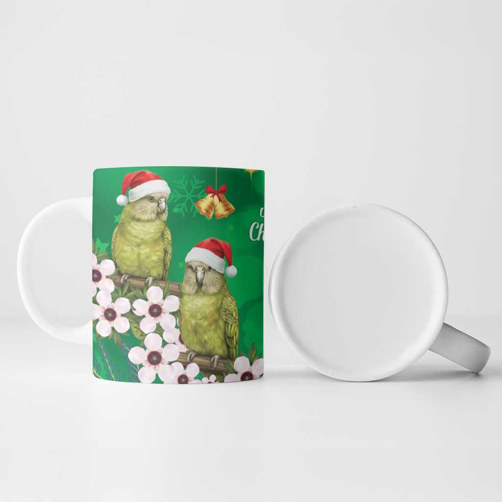 New Zealand Kakapo Christmas Ceramic Mug Owl Parrot Santa Sliver Fern Manuka - Green - Polynesian Pride