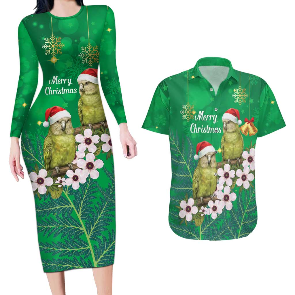 New Zealand Kakapo Christmas Couples Matching Long Sleeve Bodycon Dress and Hawaiian Shirt Owl Parrot Santa Sliver Fern Manuka - Green - Polynesian Pride