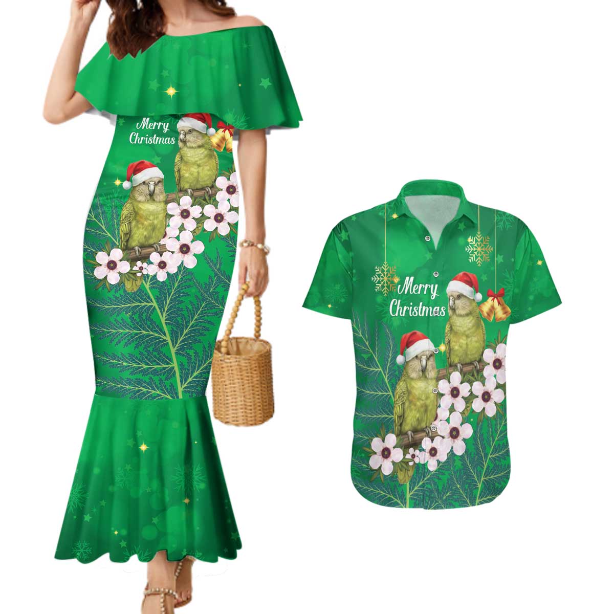 New Zealand Kakapo Christmas Couples Matching Mermaid Dress and Hawaiian Shirt Owl Parrot Santa Sliver Fern Manuka - Green - Polynesian Pride