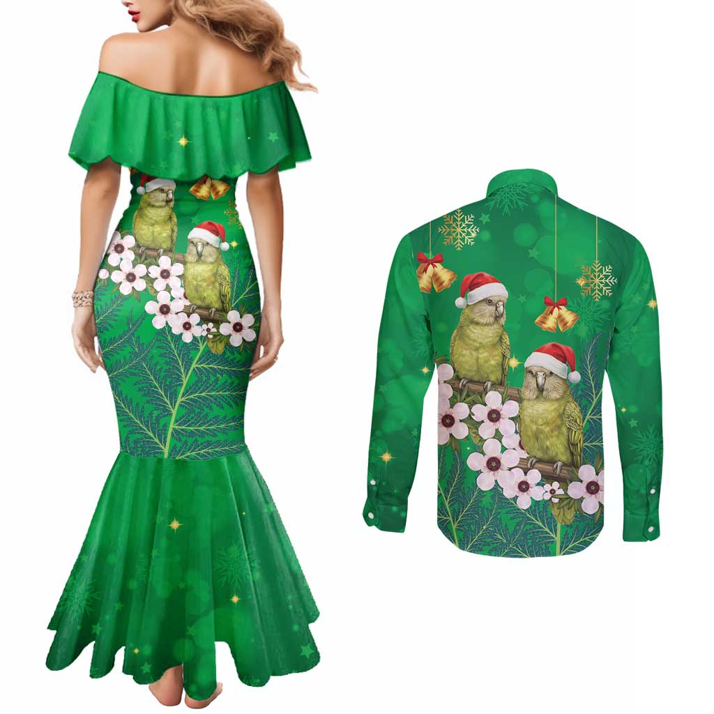 New Zealand Kakapo Christmas Couples Matching Mermaid Dress and Long Sleeve Button Shirt Owl Parrot Santa Sliver Fern Manuka - Green - Polynesian Pride