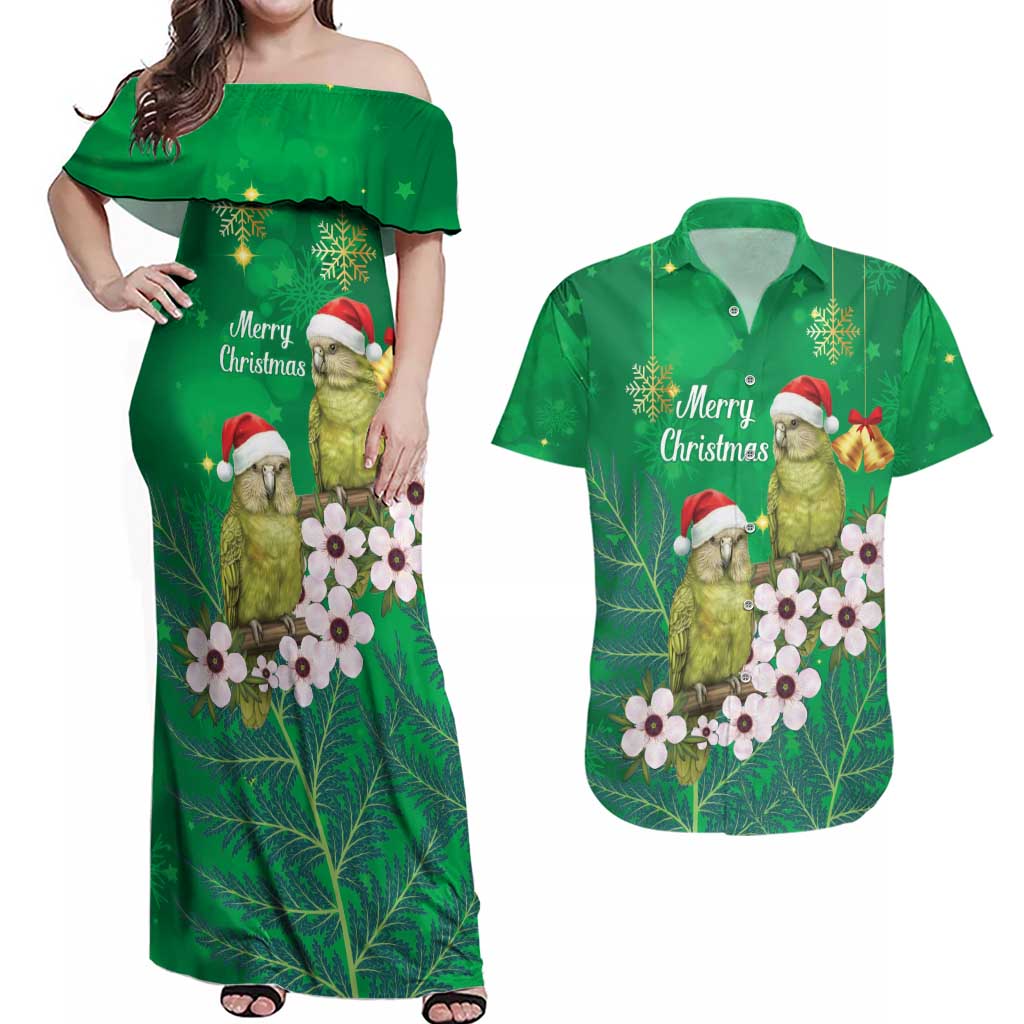 New Zealand Kakapo Christmas Couples Matching Off Shoulder Maxi Dress and Hawaiian Shirt Owl Parrot Santa Sliver Fern Manuka - Green - Polynesian Pride